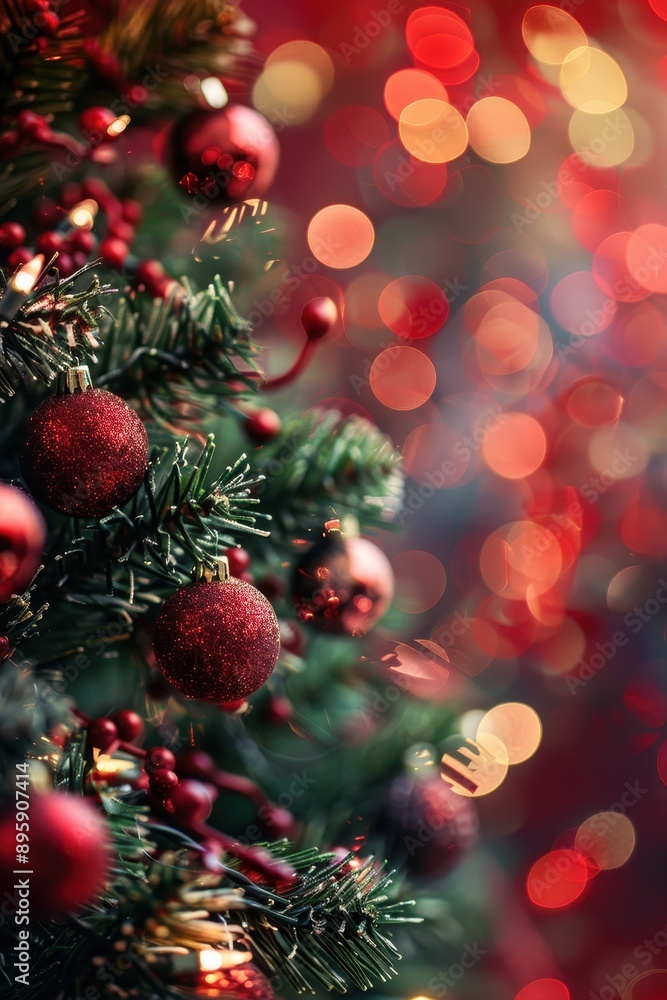 Festive Christmas Tree with Red Ornaments and Bokeh Lights in the Background Creating a Warm Holiday Atmosphere Festive Christmas Tree with Red Ornaments and Bokeh Lights in the Background Creating a Warm Holiday Atmosphere