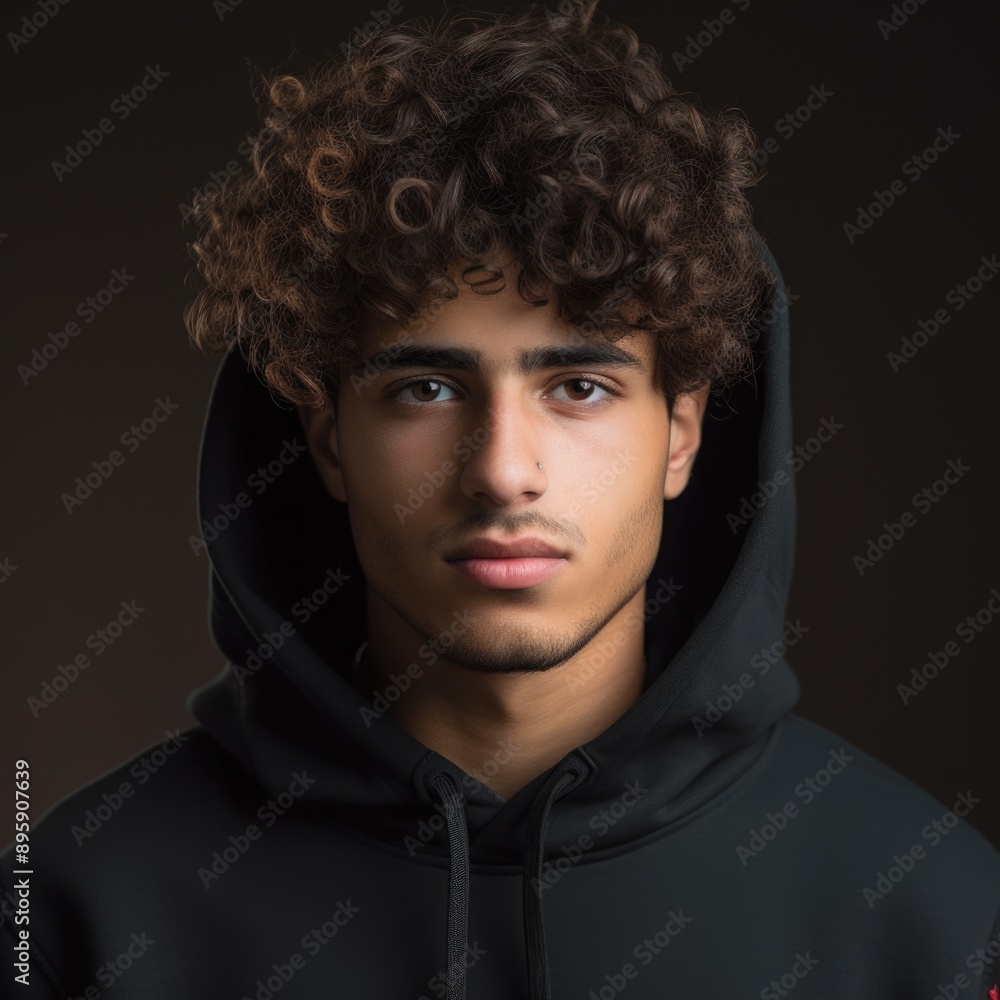 A young male wearing a hooded sweatshirt, with short curly hair. He is looking directly at the camera. A young male wearing a hooded sweatshirt, with short curly hair. He is looking directly at the camera.