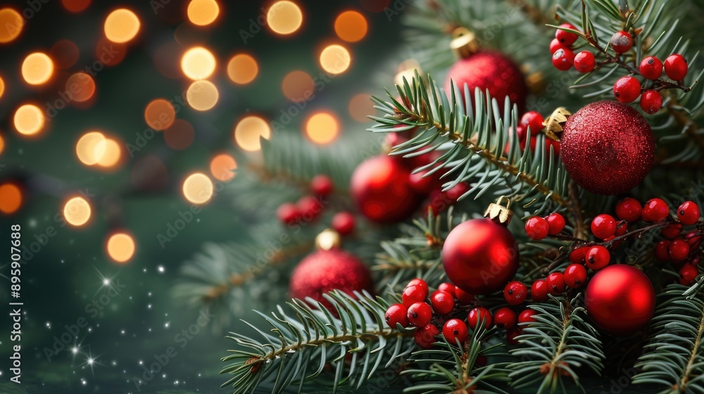 A festive holiday scene with red ornaments on a pine tree and twinkling lights in the background. A festive holiday scene with red ornaments on a pine tree and twinkling lights in the background.