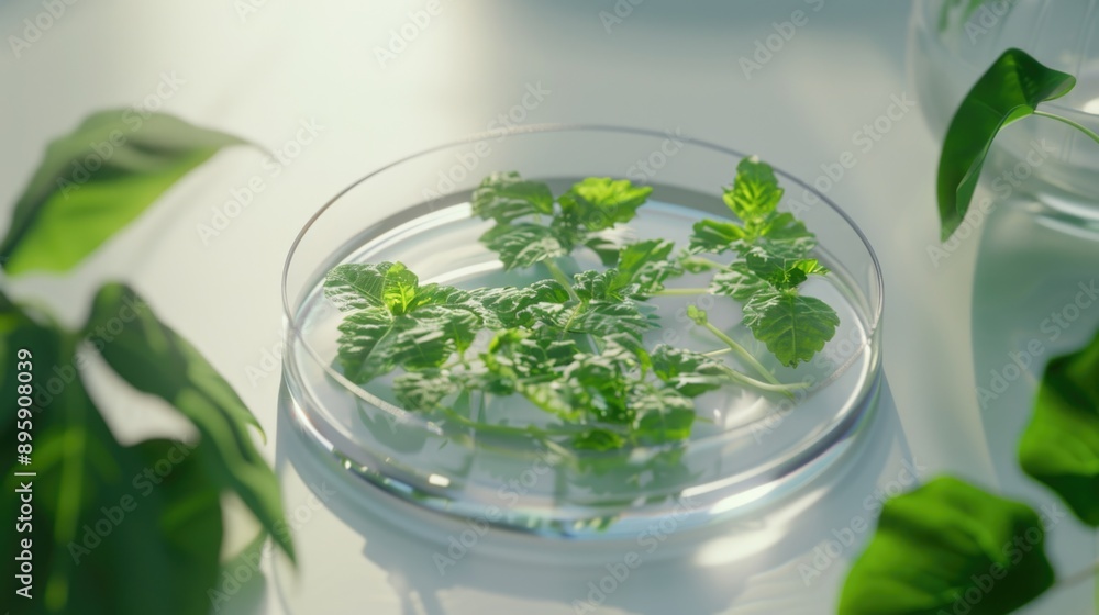 Green plant cells in a petri dish with leaves and stems, isolated on white background, biological science concept. Green plant cells in a petri dish with leaves and stems, isolated on white background, biological science concept.