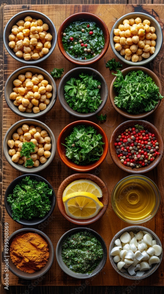 Delicious Hummus Prep: Neatly Arranged Ingredients on a Wooden Table Delicious Hummus Prep: Neatly Arranged Ingredients on a Wooden Table
