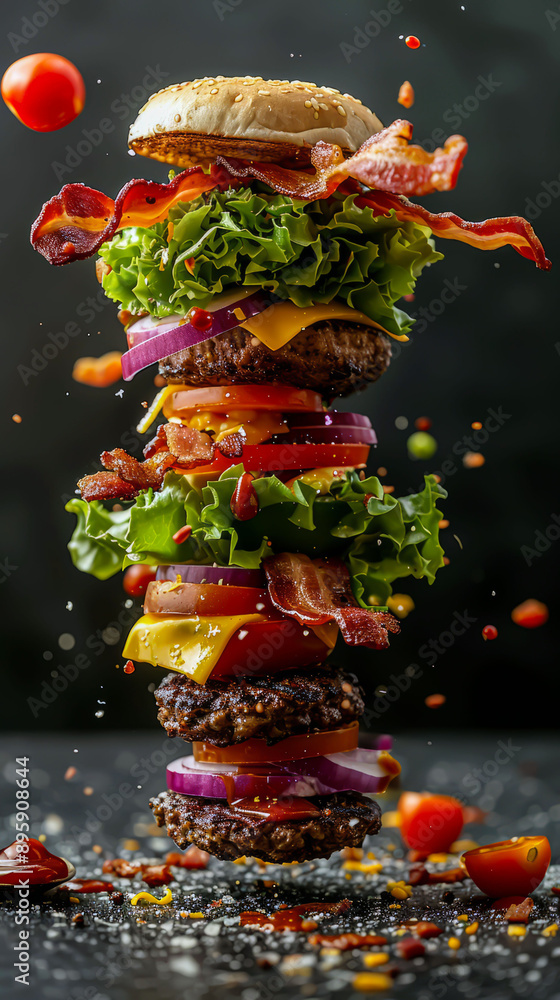 Culinary air shows: cooking a burger with herbs and flying ingredients. Culinary air shows: cooking a burger with herbs and flying ingredients.