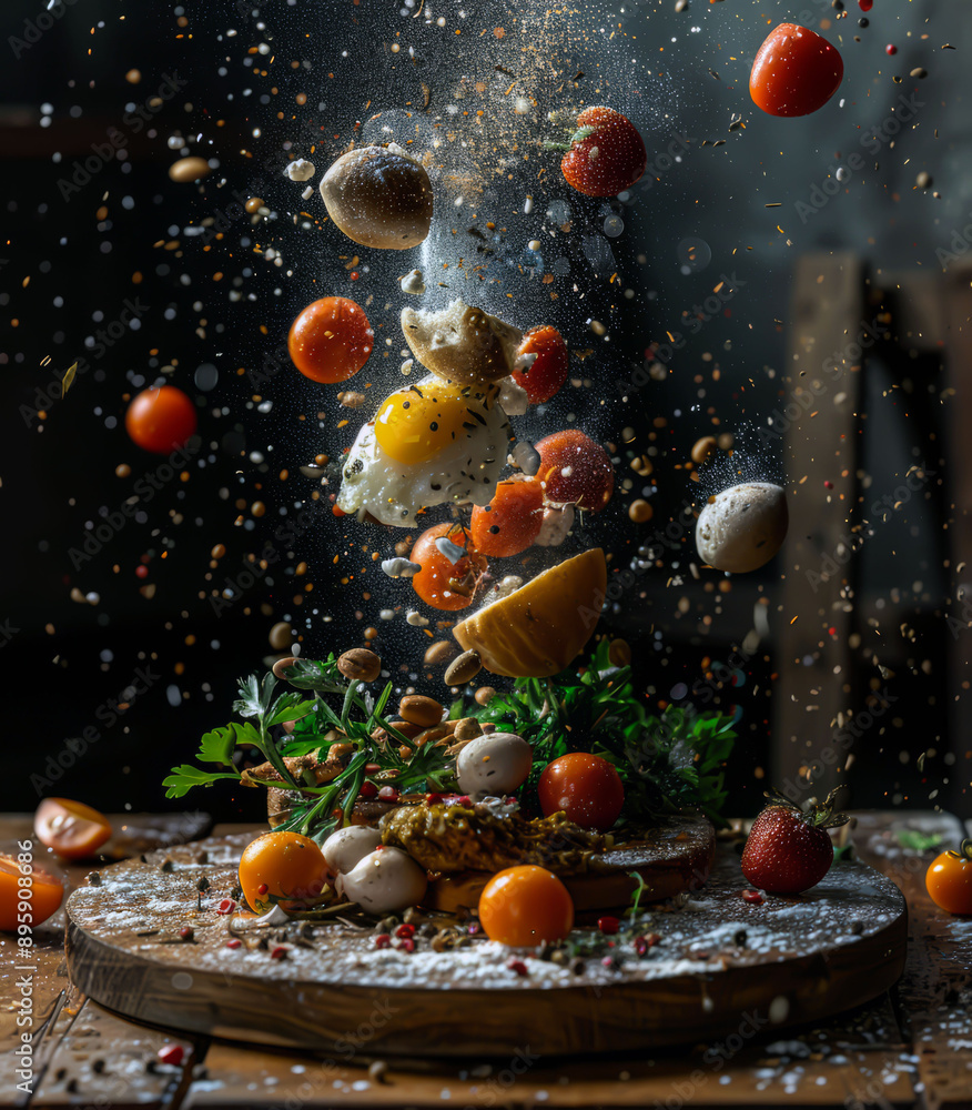 Flying culinary art: fried eggs with herbs. Flying culinary art: fried eggs with herbs.
