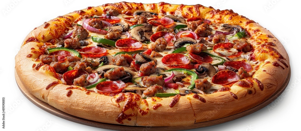 Delicious Freshly Baked Pizza with Pepperoni, Sausage, Mushrooms, and Vegetables on a Wooden Board Delicious Freshly Baked Pizza with Pepperoni, Sausage, Mushrooms, and Vegetables on a Wooden Board