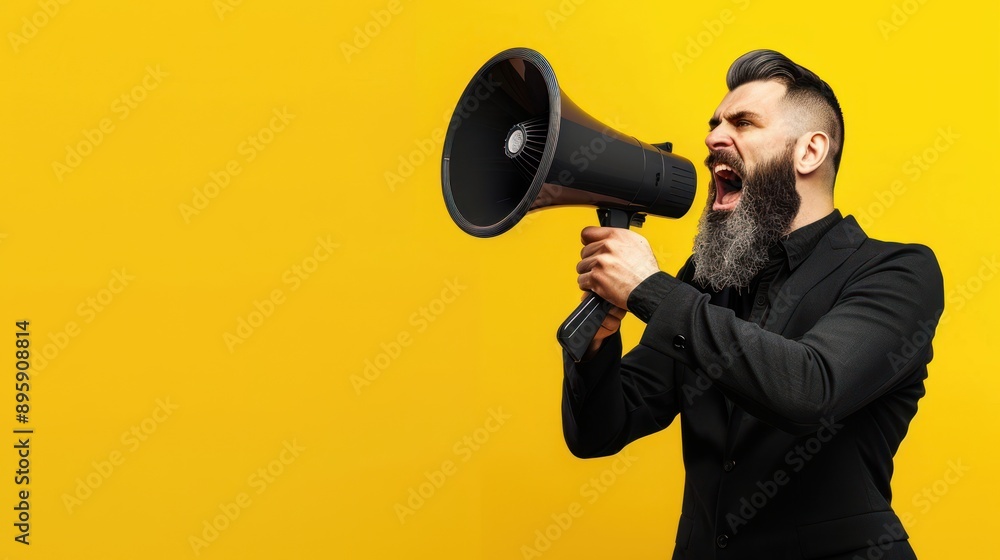 A bearded man in black suit holding megaphone and shouting on yellow background promoting black friday sales, holiday deals A bearded man in black suit holding megaphone and shouting on yellow background promoting black friday sales, holiday deals