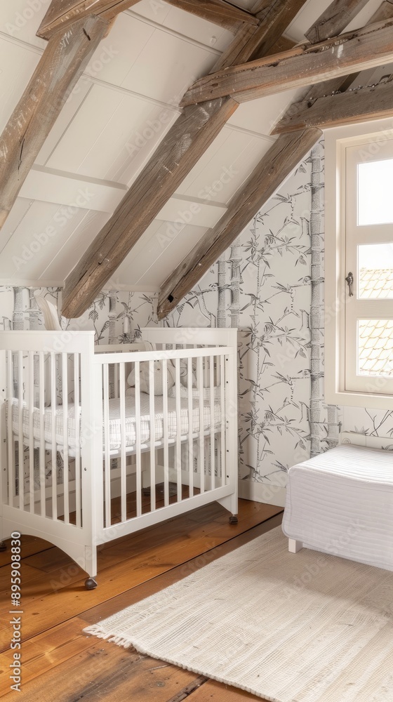 A white crib with a pink bunny toy sits on a wooden floor, next to a bed with a duvet cover A white crib with a pink bunny toy sits on a wooden floor, next to a bed with a duvet cover