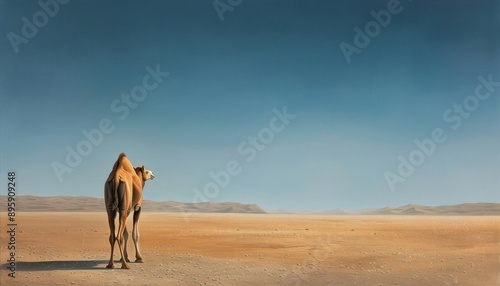 Camel standing alone in a vast, empty desert under a clear blue sky, capturing the essence of solitude and the harsh beauty of the arid landscape. photo