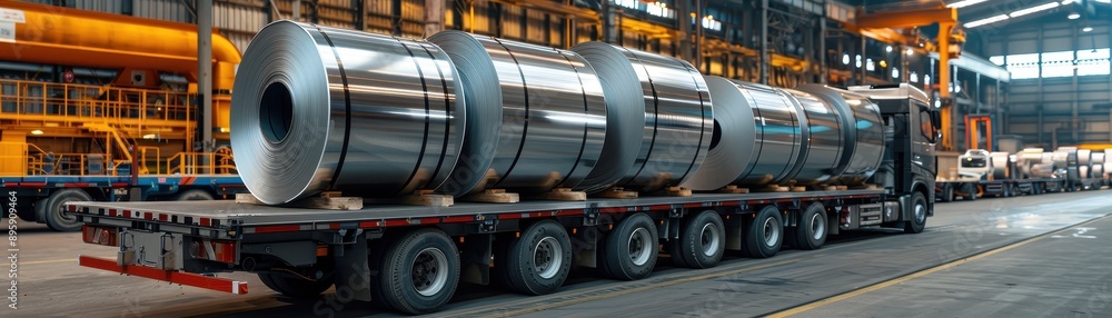 Industrial Truck Transporting Large Steel Coils in a Modern Warehouse Facility Industrial Truck Transporting Large Steel Coils in a Modern Warehouse Facility