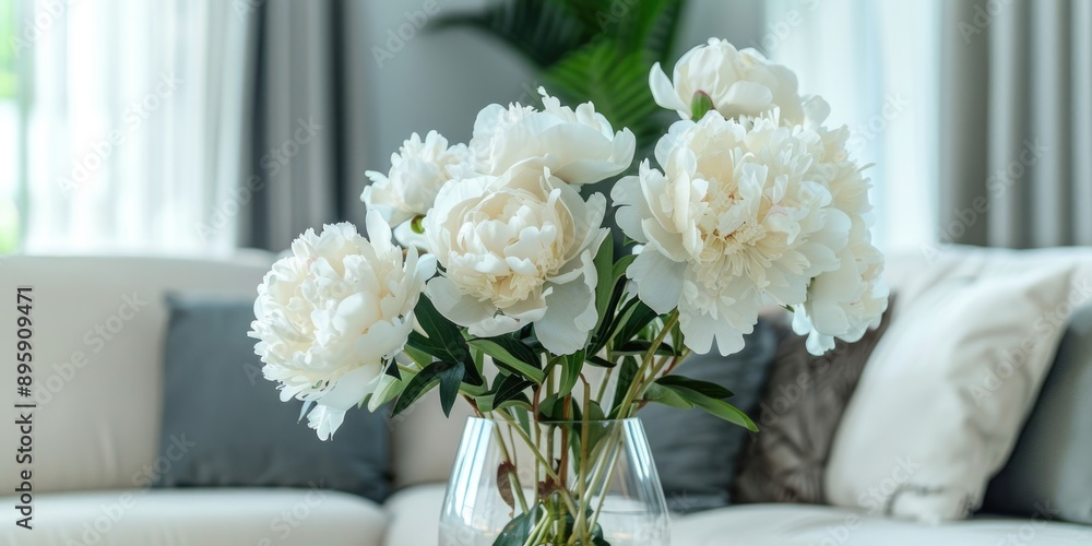 Soft white flowers in a minimalist vase, adding a touch of elegance to a modern living room. Soft white flowers in a minimalist vase, adding a touch of elegance to a modern living room.