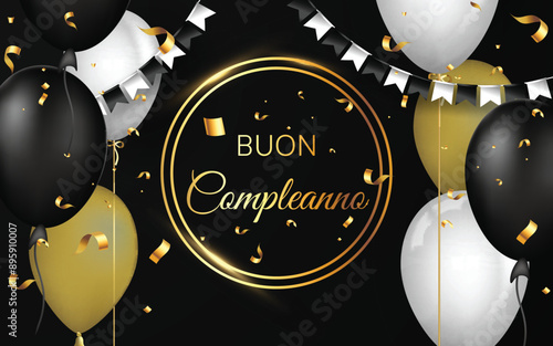 biglietto o striscione per augurare buon compleanno in oro in due cerchi su sfondo nero con palloncini, coriandoli e gagliardetti color oro bianco e nero