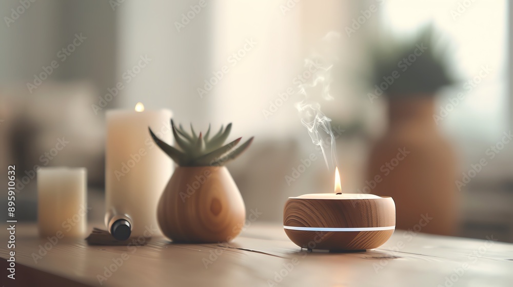 Fototapeta premium A serene home atmosphere featuring a scented candle, plant, and natural decor, creating a cozy and inviting space.