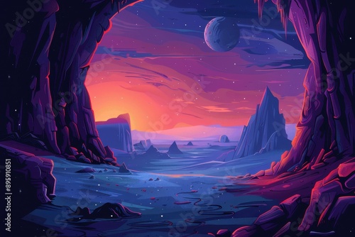 Mystical landscape of an alien planet with vibrant colors and a distant moon.