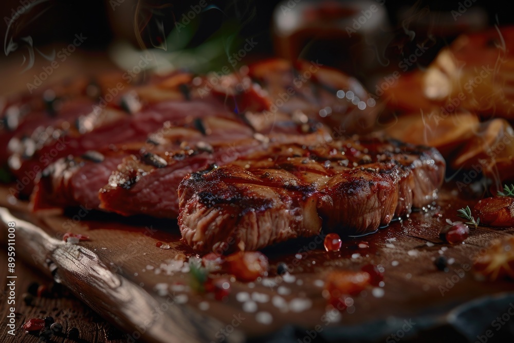 This image features a succulent steak grilled to perfection, ready for consumption. The vibrant colors and appealing presentation suggest that this is high-quality meat prepared with care. This image features a succulent steak grilled to perfection, ready for consumption. The vibrant colors and appealing presentation suggest that this is high-quality meat prepared with care.