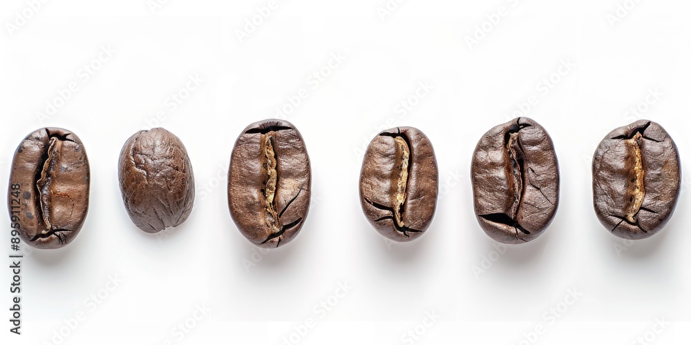 Four dark roast coffee beans, each in its own paper cups. Top right is cracked open to show the ground coffee inside. Four dark roast coffee beans, each in its own paper cups. Top right is cracked open to show the ground coffee inside.