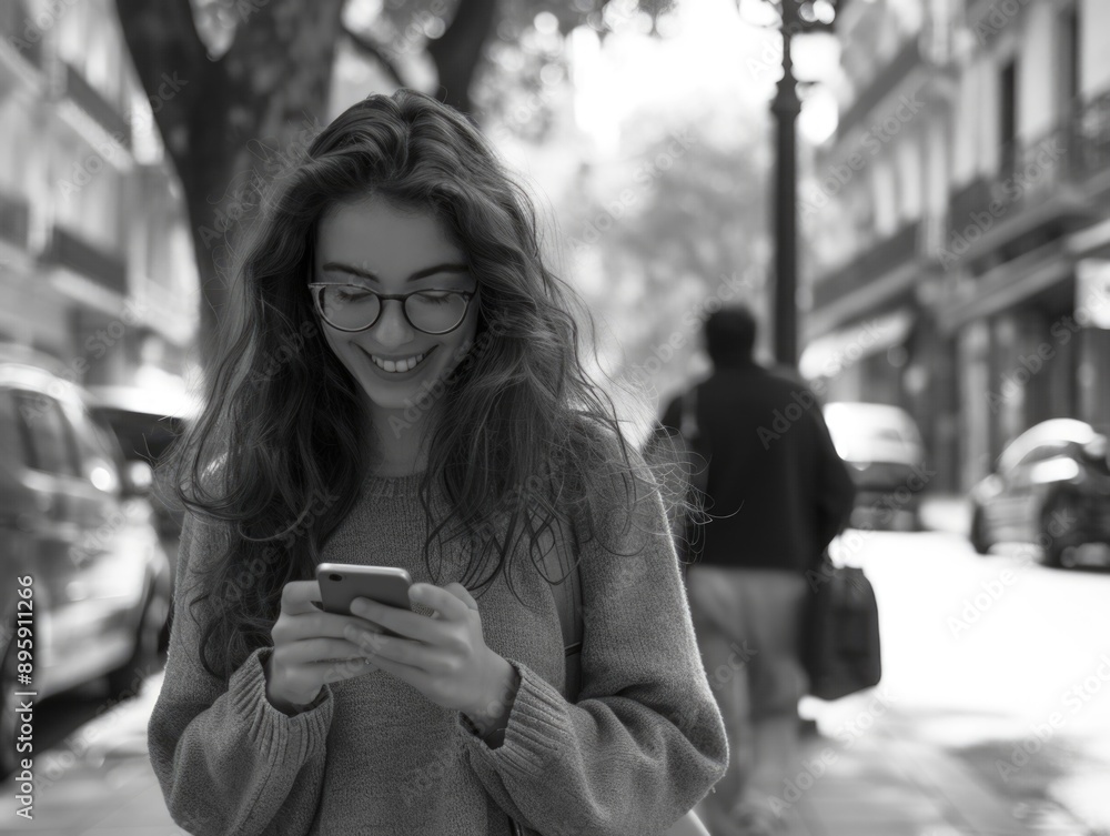 Smiling woman with glasses looking at her phone while outdoors, enjoying a moment in the city. Smiling woman with glasses looking at her phone while outdoors, enjoying a moment in the city.
