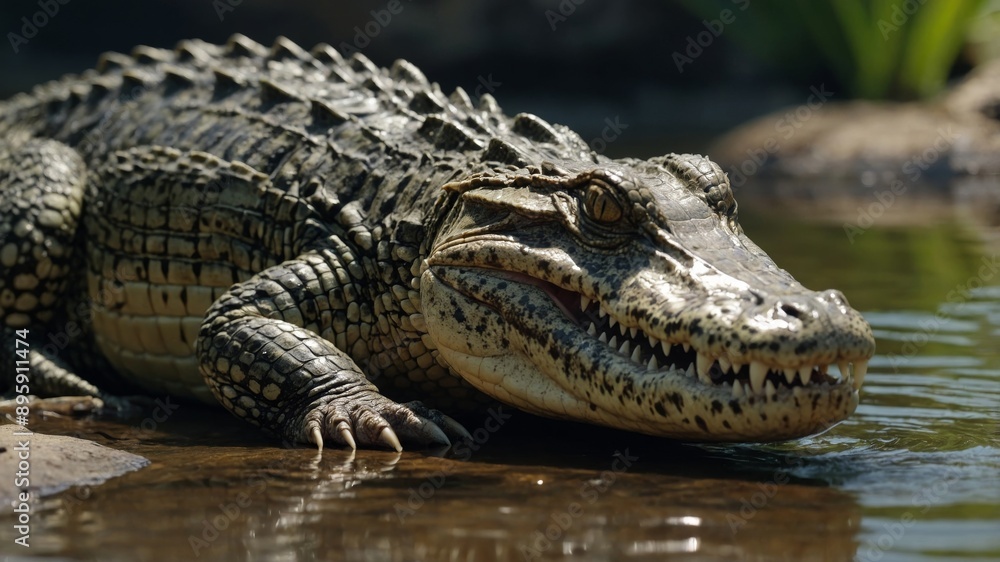 Close-up on a Young Fish-eating crocodile, showing is tooth. Close-up on a Young Fish-eating crocodile, showing is tooth.