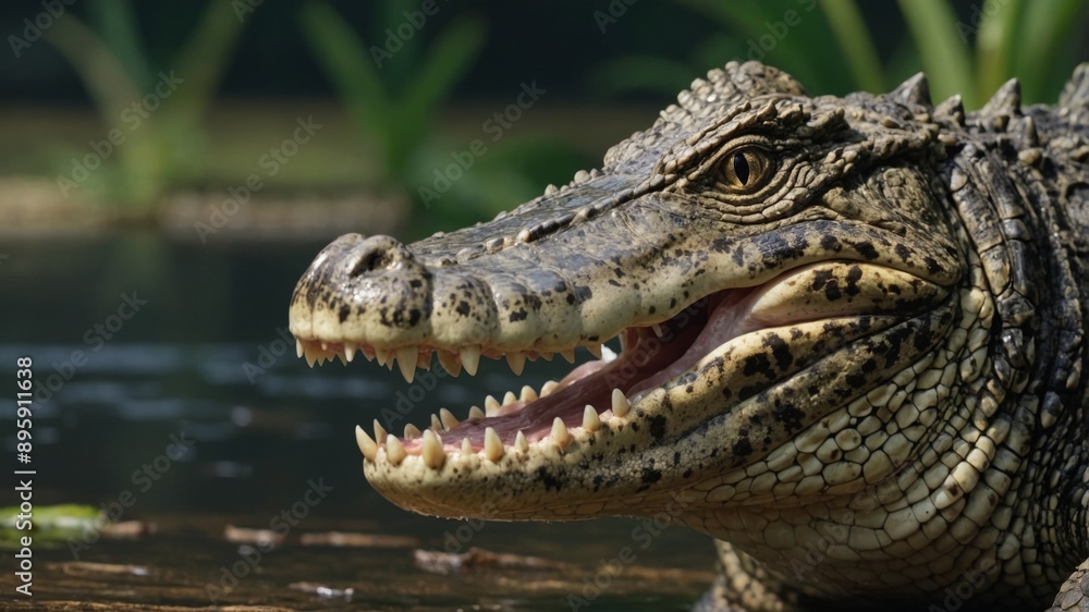 Fototapeta premium Close-up on a Young Fish-eating crocodile, showing is tooth.