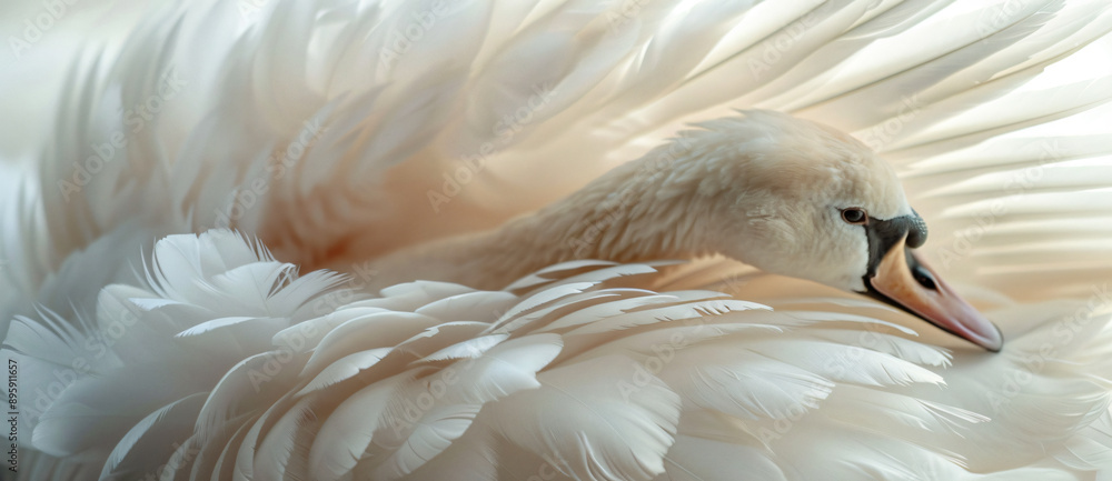 Fototapeta premium White swan feathers, close-up, texture background, white, soft light and shadow, natural light, fine details, elegant posture, beautiful curves.,,in