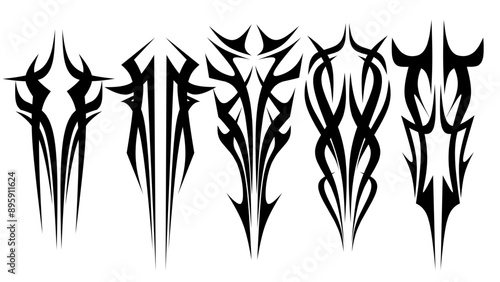 set of tribal  sword shapes with a stiff touch. Set of Symmetrical Tribal Pattern Cyber ​​Gothic Elements in Abstract White black Print for tattoo, t-shirt, hoodie and sweatshirt or card
