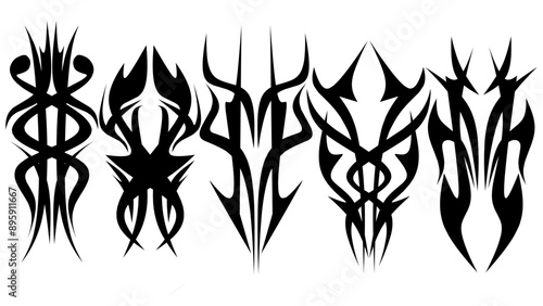 collection of 5 tribal  sword shapes with a stiff touch. Set of Symmetrical Tribal Pattern Cyber ​​Gothic Elements in Abstract White black Print for tattoo, t-shirt, hoodie and sweatshirt or card