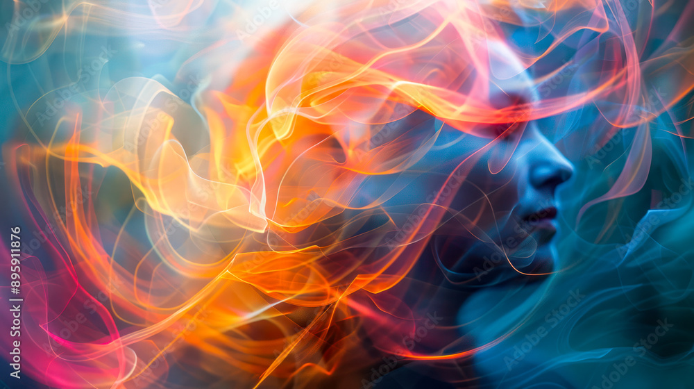 A person's face emerges from a swirl of colorful smoke and light streaks A person's face emerges from a swirl of colorful smoke and light streaks