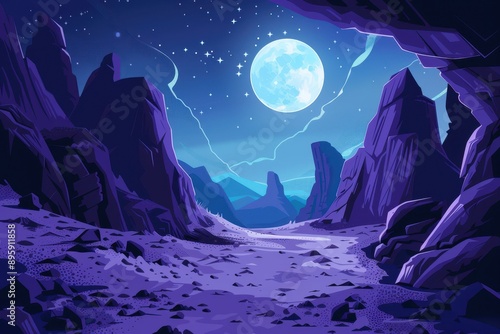 Rocky moonlit canyon landscape with purple rocks and blue sky