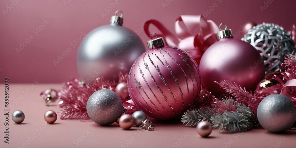 Beautiful pink Christmas banner with pink and silver decoration balls and bows Trendy pink Christmas background. Beautiful pink Christmas banner with pink and silver decoration balls and bows Trendy pink Christmas background.