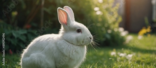 Cute adorable white fluffy rabbit sitting on green grass lawn at backyard Small sweet bunny walking by meadow in green garden on bright sunny day Easter nature and animal background. photo