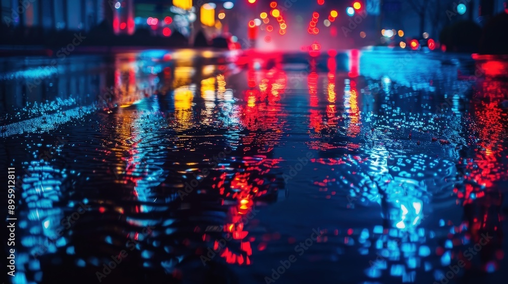 Rainy Night City Lights Reflection on Wet Pavement Rainy Night City Lights Reflection on Wet Pavement
