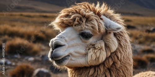 Funny alpaca on a windy day South American camelid.