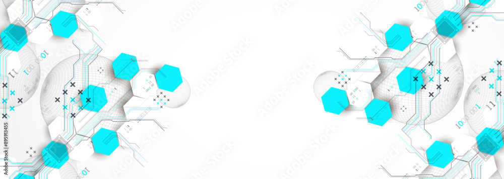 Abstract circuit board background with hexagons and sphere. Hi-tech digital technology concept. Hand drawn vector. Abstract circuit board background with hexagons and sphere. Hi-tech digital technology concept. Hand drawn vector.