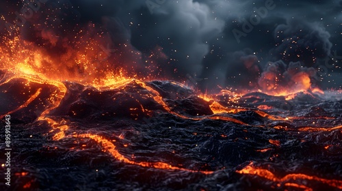 Wallpaper Mural Richly Textured Quantum Simulations Environment Predicting Catastrophic Volcanic Eruption and Hellfire Disaster  Dramatic and landscape of raging lava scorching flames and billowing smoke  Torontodigital.ca