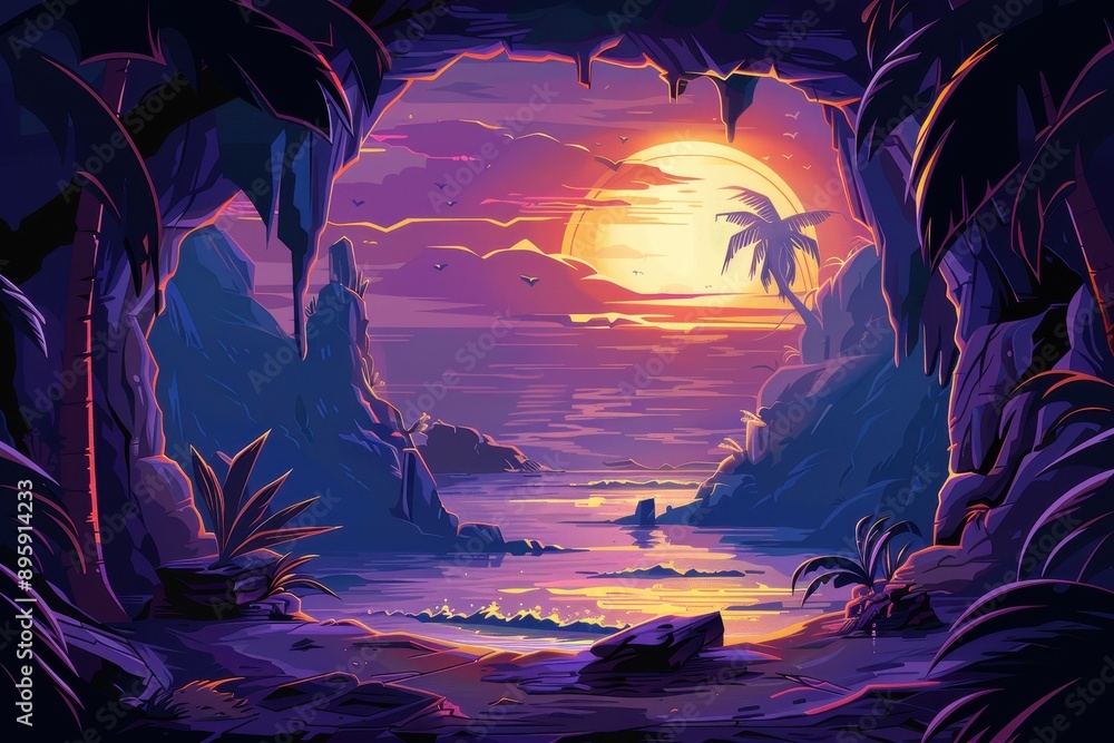 Sunset over a tropical beach from a cave Sunset over a tropical beach from a cave