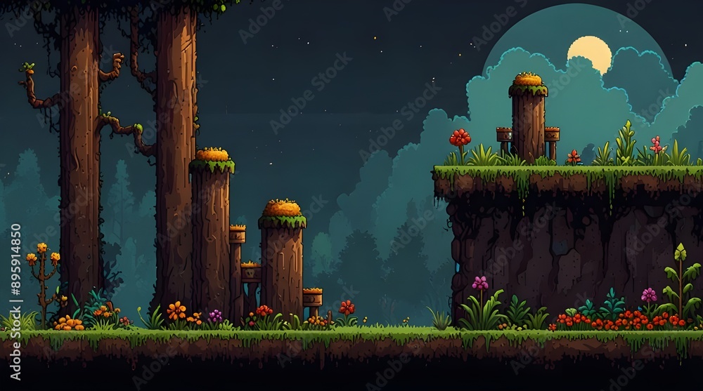 Pixel art game background with button level up Game design concept in ...
