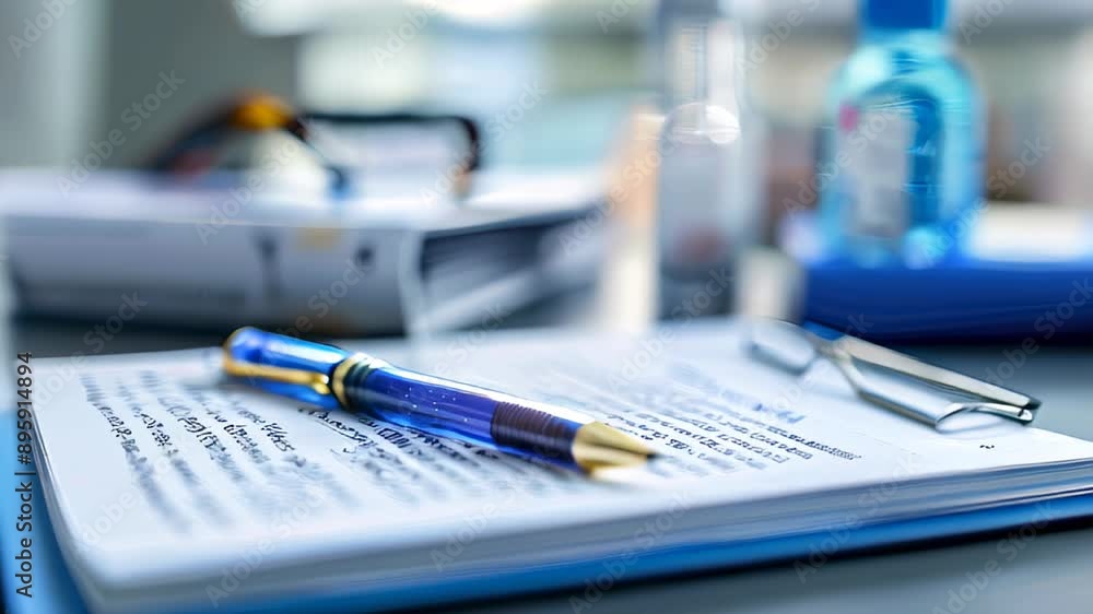 Pen and documents on table, signifying business or academic work Pen and documents on table, signifying business or academic work