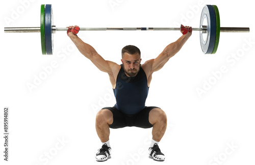 Obraz na plátně Full length portrait of athletic man in sportswear exercising with weight against transparent background