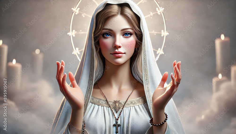 Obraz premium Divine Mary with Rosary in Serene Pose with Glowing Halo and Candles