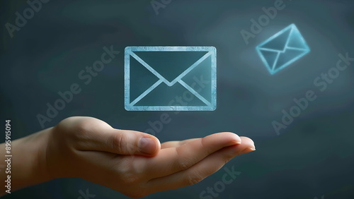 hand holding floating envelope or email logo