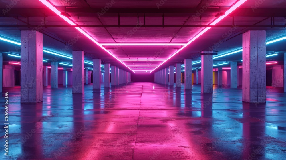 Neon-Lit Futuristic Parking Garage Neon-Lit Futuristic Parking Garage
