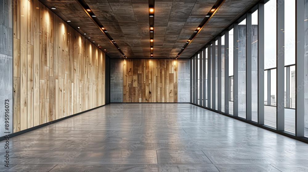 Minimalist Wooden Hallway with Concrete Floor and Large Windows Minimalist Wooden Hallway with Concrete Floor and Large Windows