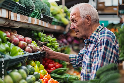 Elderly Man Shopping For Fresh Produce In Grocery Store: Perfect For Health, Nutrition, And Senior Living Ads