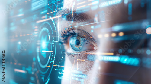 futuristic investment, High-tech iris recognition device for security access in futuristic bank lobby.