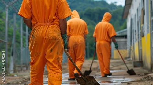 Inmates cleaning the prison yard, labor, routine