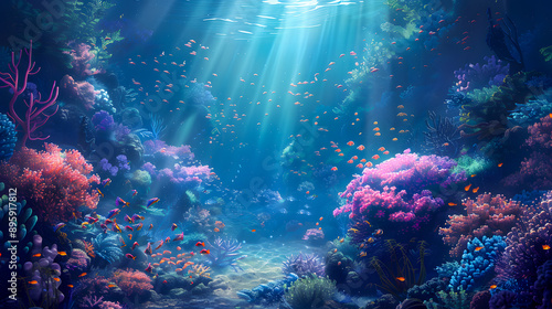 Creative Illustration and Innovative Art: Mysterious and Peaceful Undersea World. Realistic Fantastic Cartoon Style Character, Story, Card Design