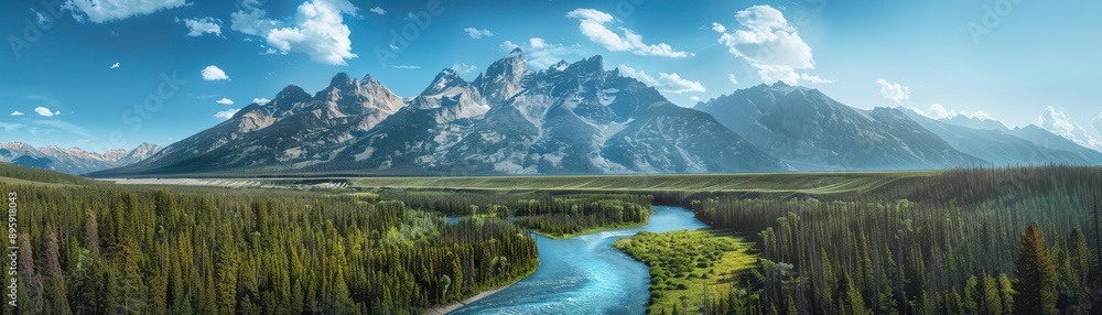 Fototapeta premium Stunning Panoramic View of Majestic Mountain Range with Serene River and Lush Forest Under Clear Blue Sky