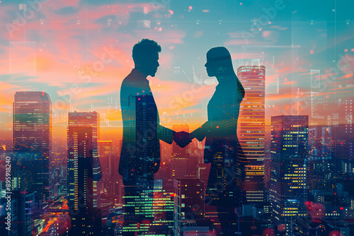 Male and Female Business Professionals Shaking Hands with Cityscape Background