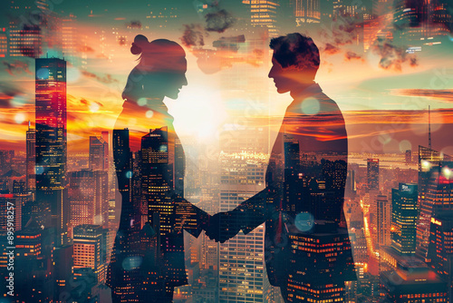 Business Partnership and Collaboration - Silhouetted Businesspeople Shaking Hands with a Cityscape Background