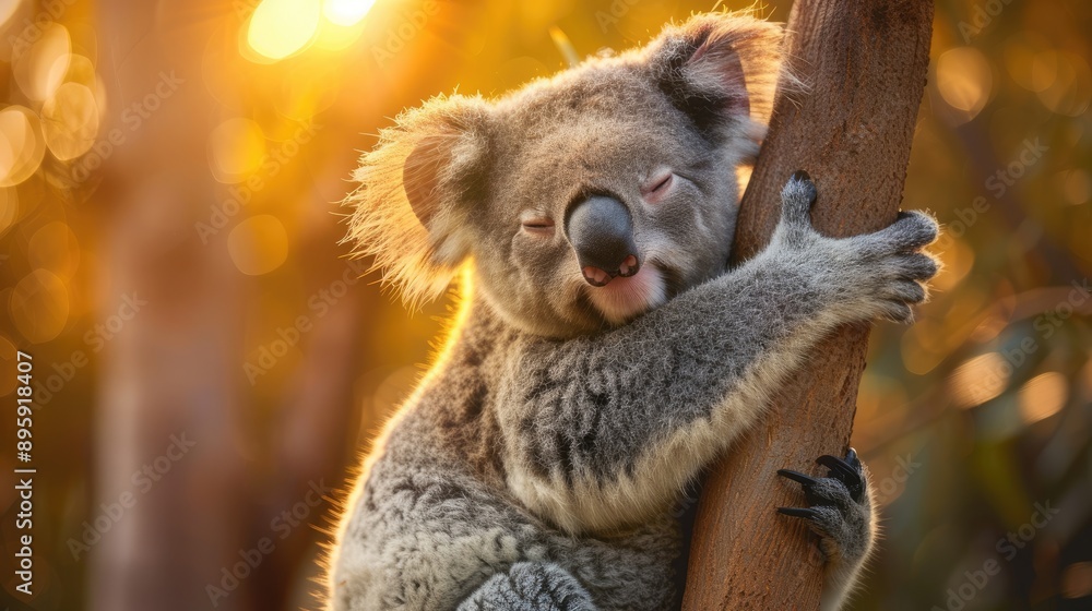 Fototapeta premium A cute koala hugging a tree branch in the Australian outback