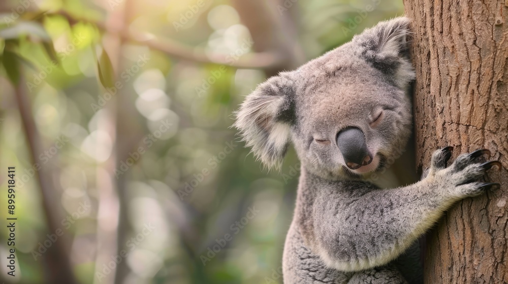 Fototapeta premium A cute koala hugging a tree branch in the Australian outback