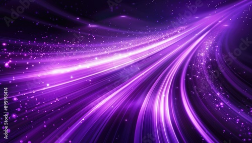 Abstract curved light lines in blue and purple colors on dark background. Glowing neon effect with motion blur for futuristic technology